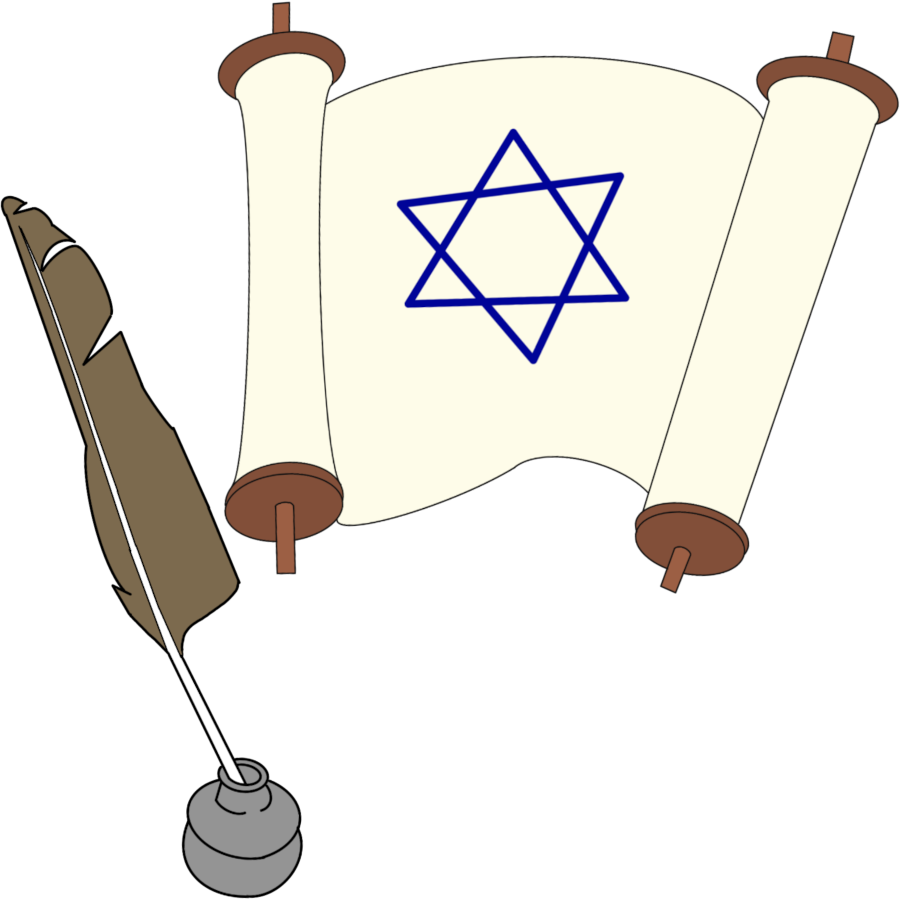 A drawing of partially unrolled scroll of white paper with a light brown feather quill next to it. The quills tip is inside of an inkwell. The scroll has wooden handles to hold it on the top and bottom of the unrolled parts of the scroll. In the middle of the scroll is a blue Magen David.